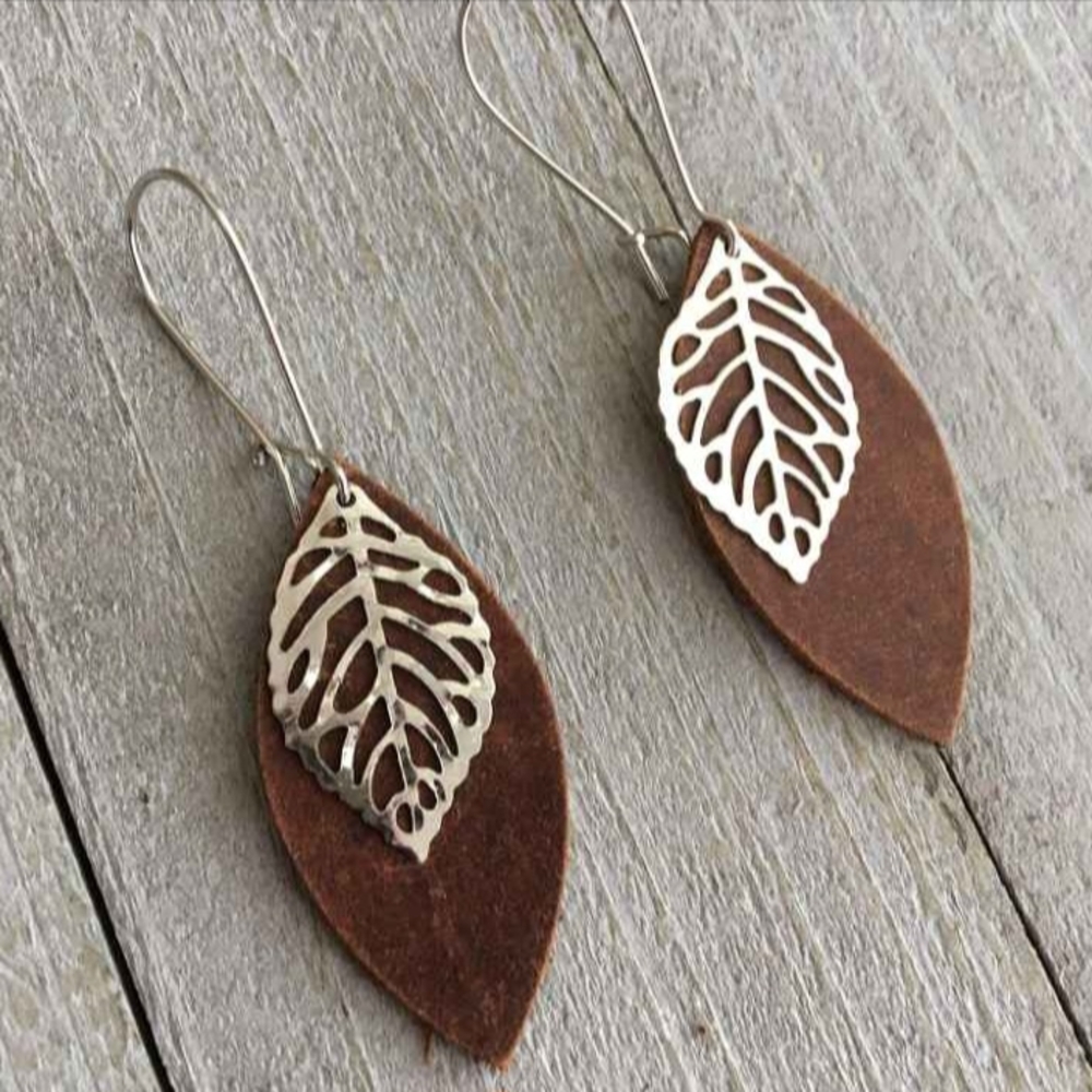 Leather Leaf Earrings Rustic Brown Leather Petal with Stainless steel Leaf Charm - Picture 5 of 6